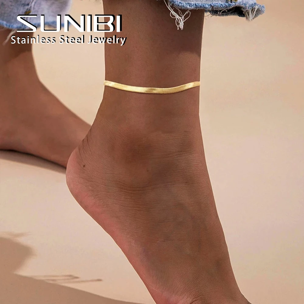 SUNIBI Stainless Steel Snake Chain Anklet for Women Summer Beach Gold Color Anklets Fashion Jewelry Dropshipping Wholesale-animated-img