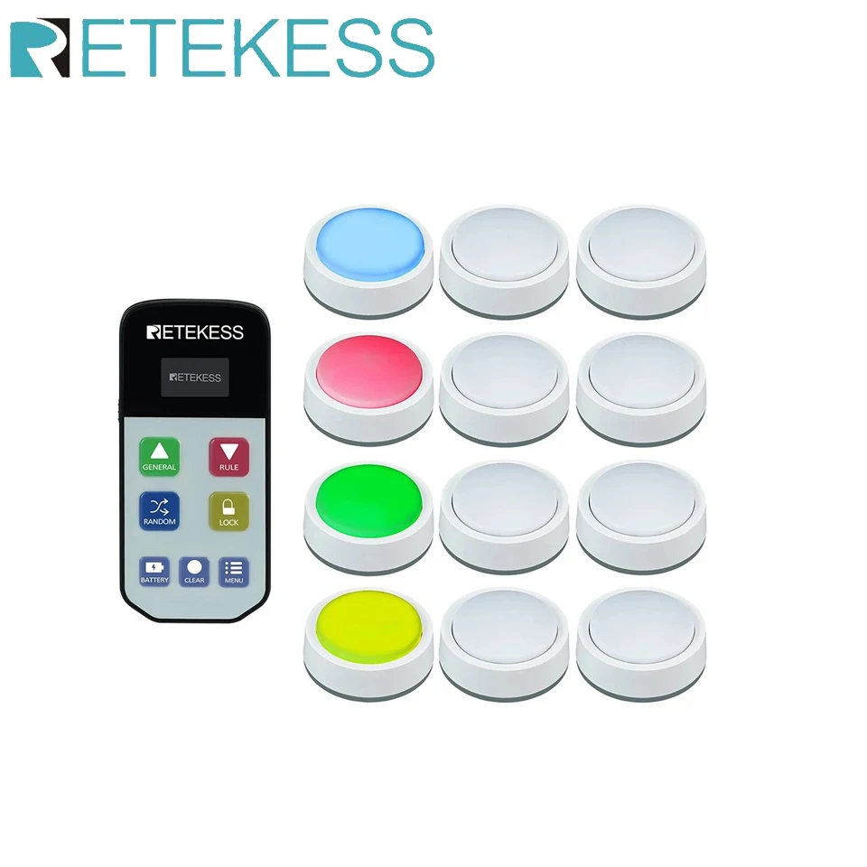 Retekess TM102 Wireless Quiz Answer Game Buzzer System 3 Answer Modes 4 Color States For Competition Game Show Family Party Game-animated-img