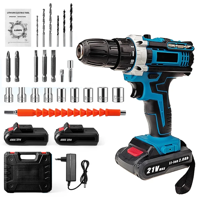 Cordless Impact Drill Electric Screwdriver Rechargeable Handheld Hammer Drill Power Tool 32 Torque Driver With 2 batteries-animated-img