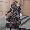 Women's Ruffle Midi Dress, V-neck, Button Detail, Puffed Sleeve, Tiered Floral Dresses, Midnight Charm, Boho Vacation, Fashion preview-2