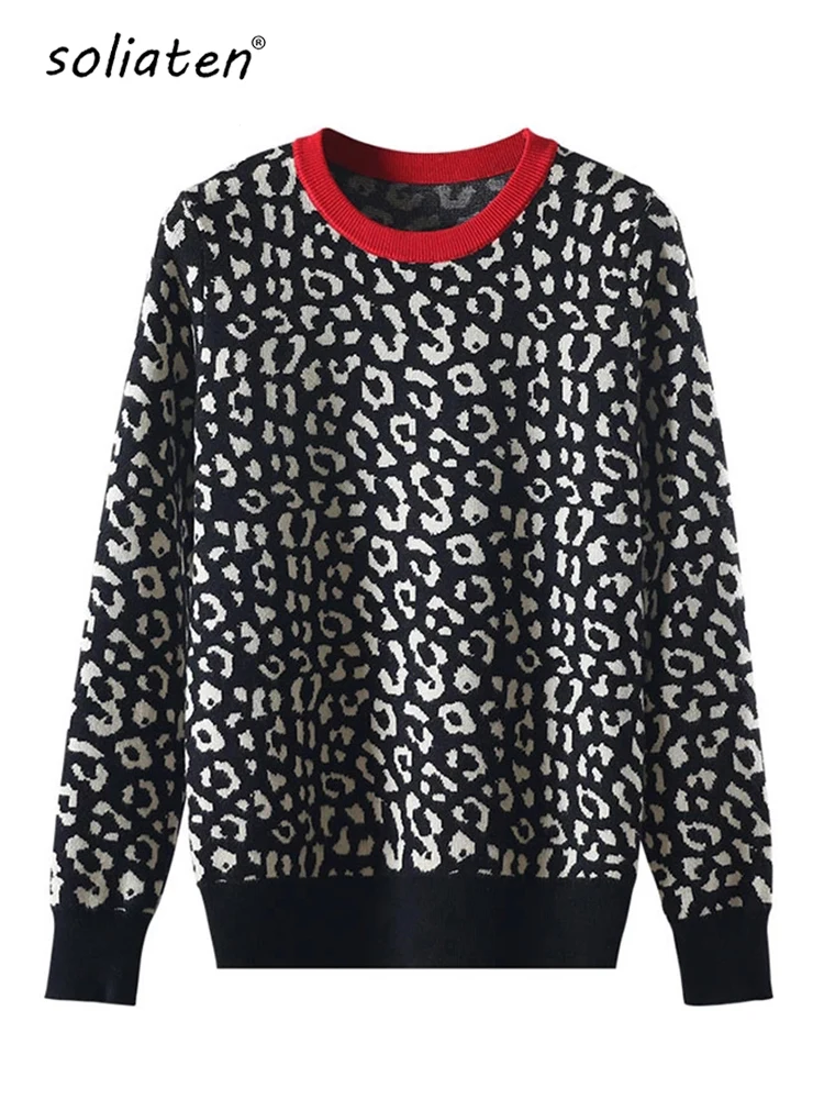 Autumn Winter Women Sweaters Leopard Knitted Pullovers Long Sleeve Contrast Color Crewneck Jumpers Sweter Mujer C- 026-animated-img