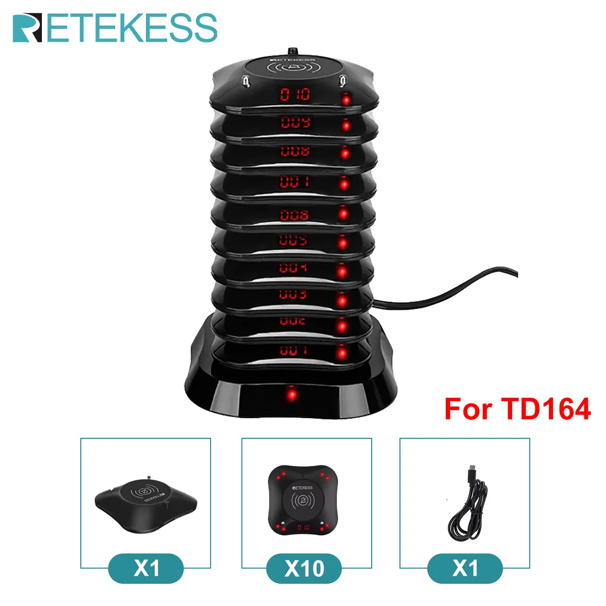 Retekess 10 Pcs Coaster Pager Receivers 1 Charging Base For TD164 Restaurant Pager Calling System For Cafe Bar Food Court Clinic-animated-img