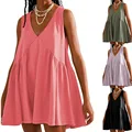 Pleated Swing Flowy Sundress Women's V Neck Sleeveless Mini Dresses Loose Summer Casual Vestidos Cortos soltinhos femininos Red preview-1