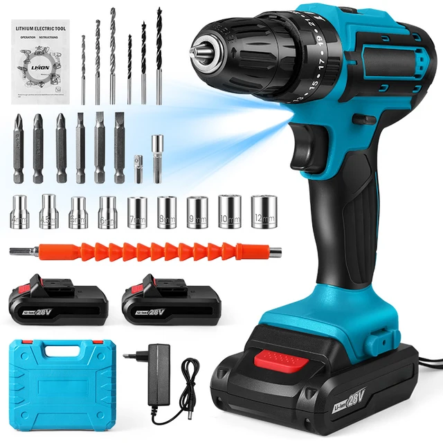 28V Cordless Drill Package Electric Screwdriver Rechargeable Lithium-Ion Battery With LED Light Household DIY Driver Power Tool-animated-img