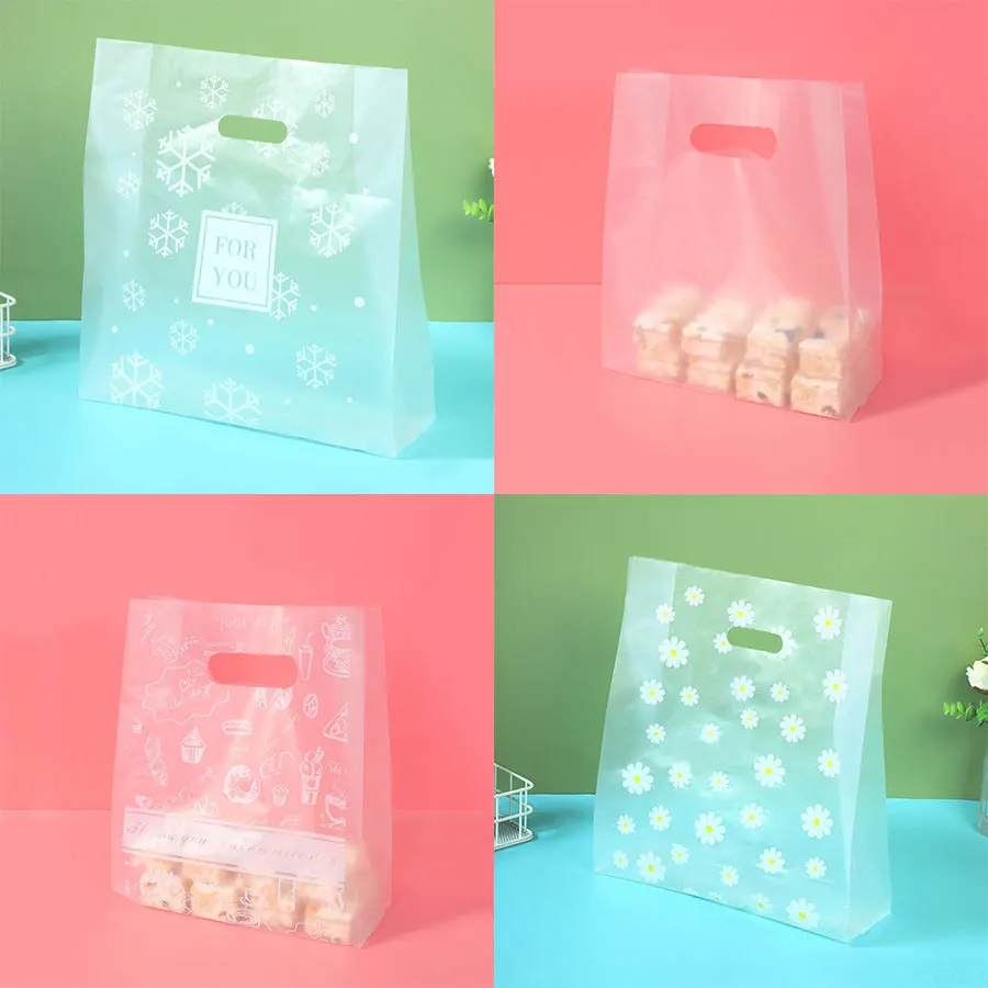 50pcs Die Cut Plastic Merchandise Shopping Bags With Handle, Candy Cake Wrapping Organizer Bags,Wedding Party Gift Bag-animated-img