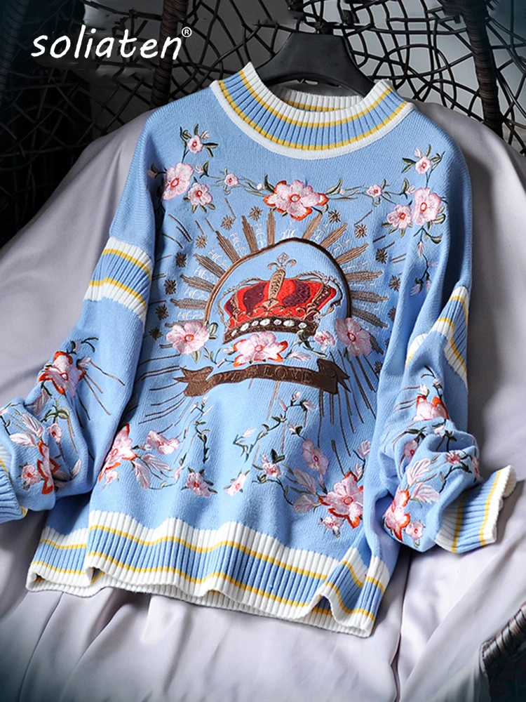 Runway Luxury Winter Knitting Pullovers Women's High Quality Floral Crown Embroidery Casual Loose Blue Sweater C-127-animated-img