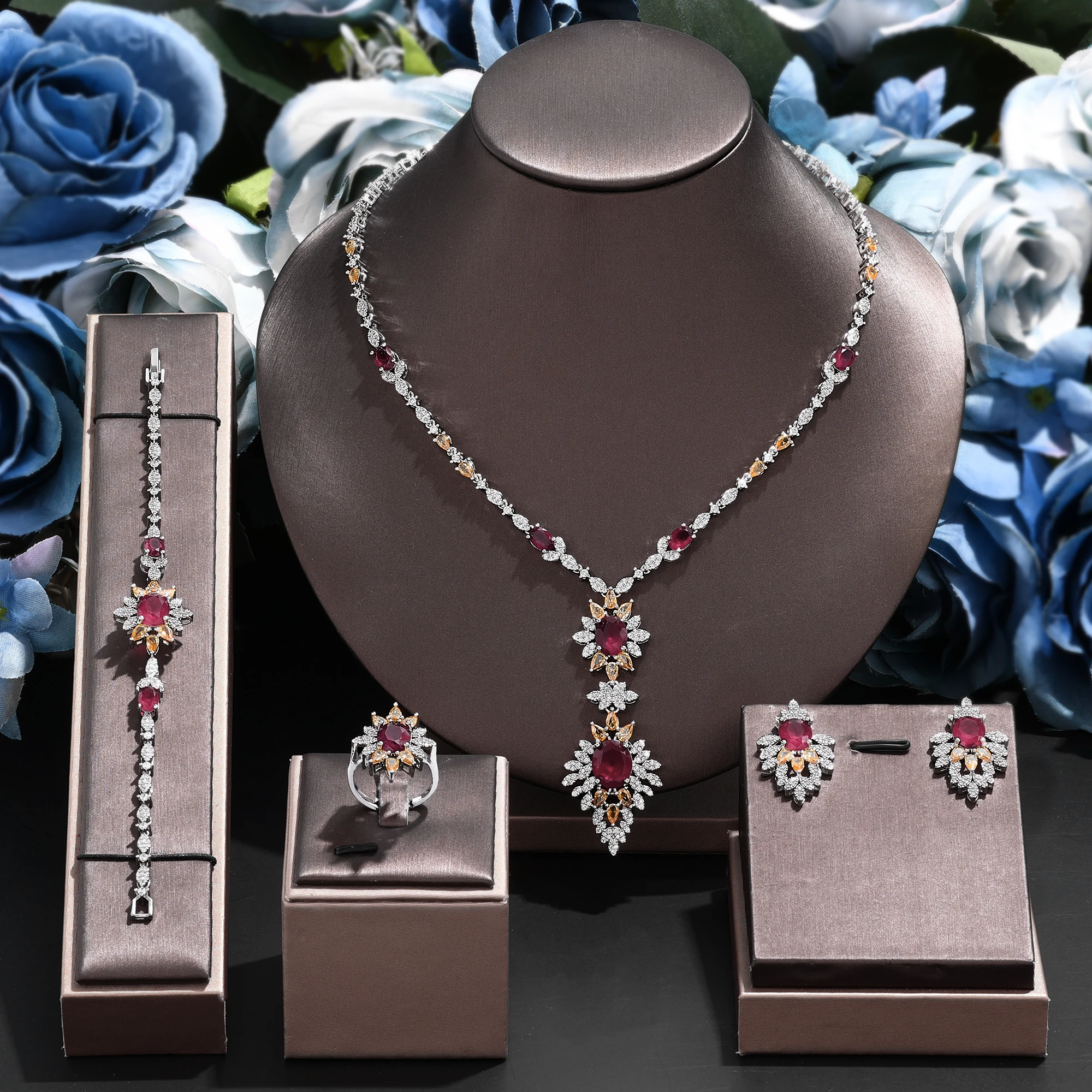 2024 Dubai 4 Piece Gorgeous Bridal Zirconia Jewellery Set Saudi Arabia Fashion Women's Wedding Necklace and Earrings Sets-animated-img