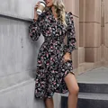 Women's Ruffle Midi Dress, V-neck, Button Detail, Puffed Sleeve, Tiered Floral Dresses, Midnight Charm, Boho Vacation, Fashion preview-1