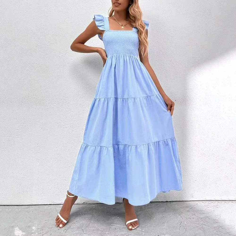 Flying Sleeves Blue Shoulder Straps Smocked Tiered Maxi Dress Square Neck Casual Summer Dresses Beach Pleated Long Sundress 2024-animated-img