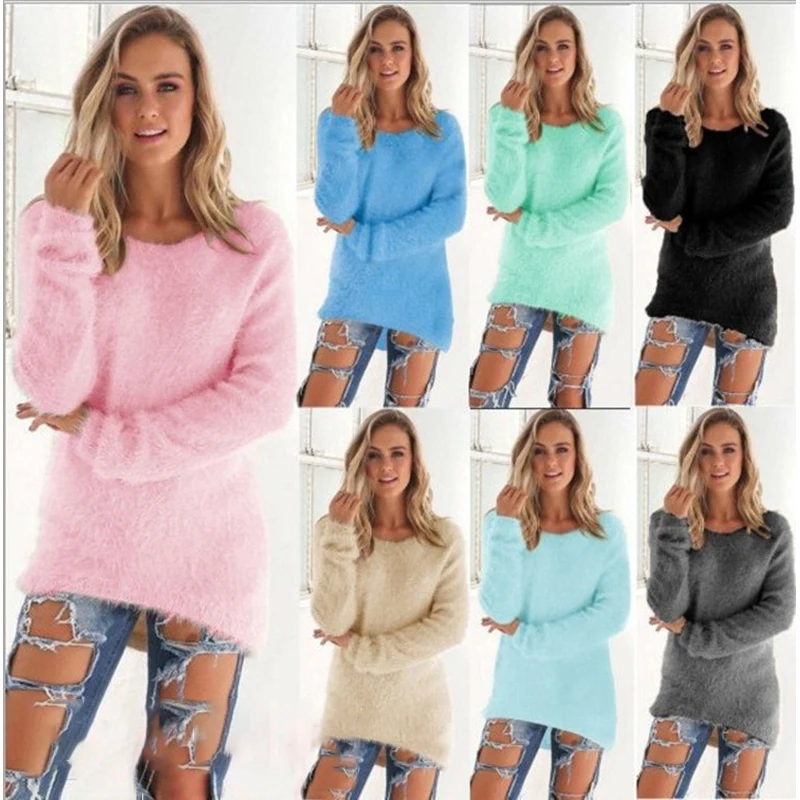 2024 Women Warm Sweaters Solid Color O Neck Loose Knitted Pullover Long Sweater Casual Blouse Lady Hipster Comfortable Clothing-animated-img