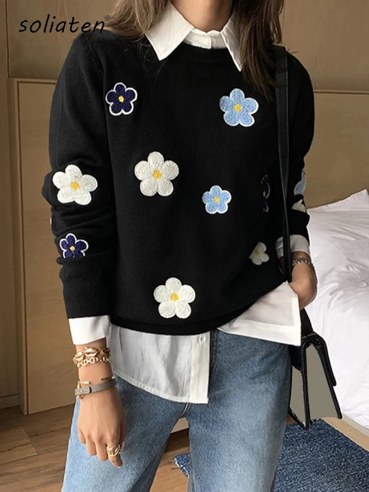 Korean Floral Embroidery Pullover Sweater High Quality Women Elegant O Neck Knitted Tops C-089-animated-img