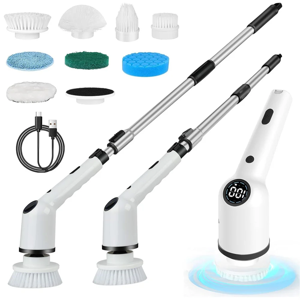 9in1 Multi-Function Electric Cleaning Brush Retractable Cordless Home Swivel Cleaning Brush Spin Scrubber for Floor Wall Tub-animated-img