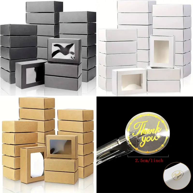 20pcs Mini Kraft Paper Box With Window, Candy Jewelry Soap Boxes Present Box, Present Packaging With Stickers For Party Wedding-animated-img