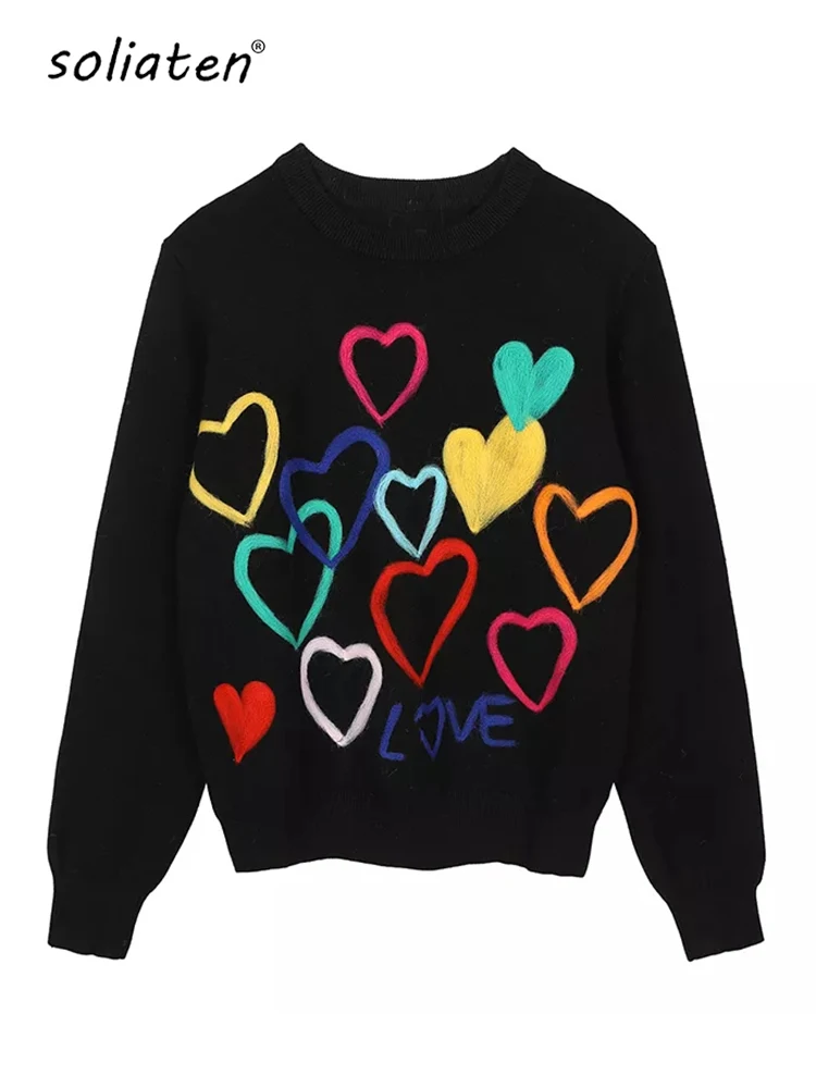 2024 Spring Women Lovely Sweater O-Neck Colorful Candy Color Heart Embroidery Knitwear Slim All-Match Pullover Femme C-066-animated-img