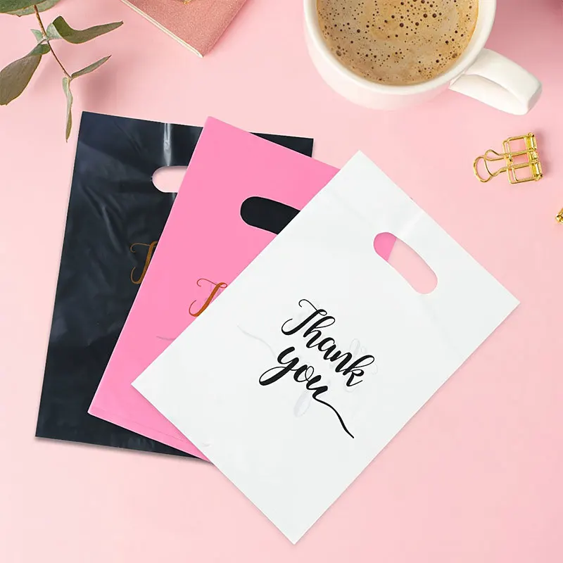 100pcs Thank You Plastic Shopping Bag with Handle Poly Die Cut Plastic Merchandise Bag for Retail Small Business-animated-img