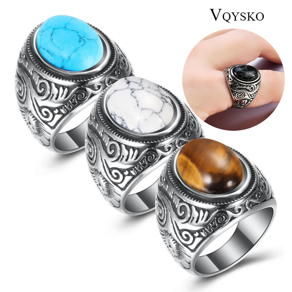 Wholesale Retro Jewelry turquoise Stone Rings For Men Titanium Steel Inlaid Three Colors Onyx Ring Men Domineering Opal Ring-animated-img