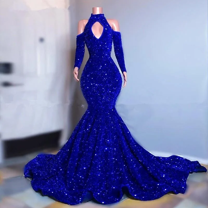 Royal Blue Velvet sequins Prom Dresses 