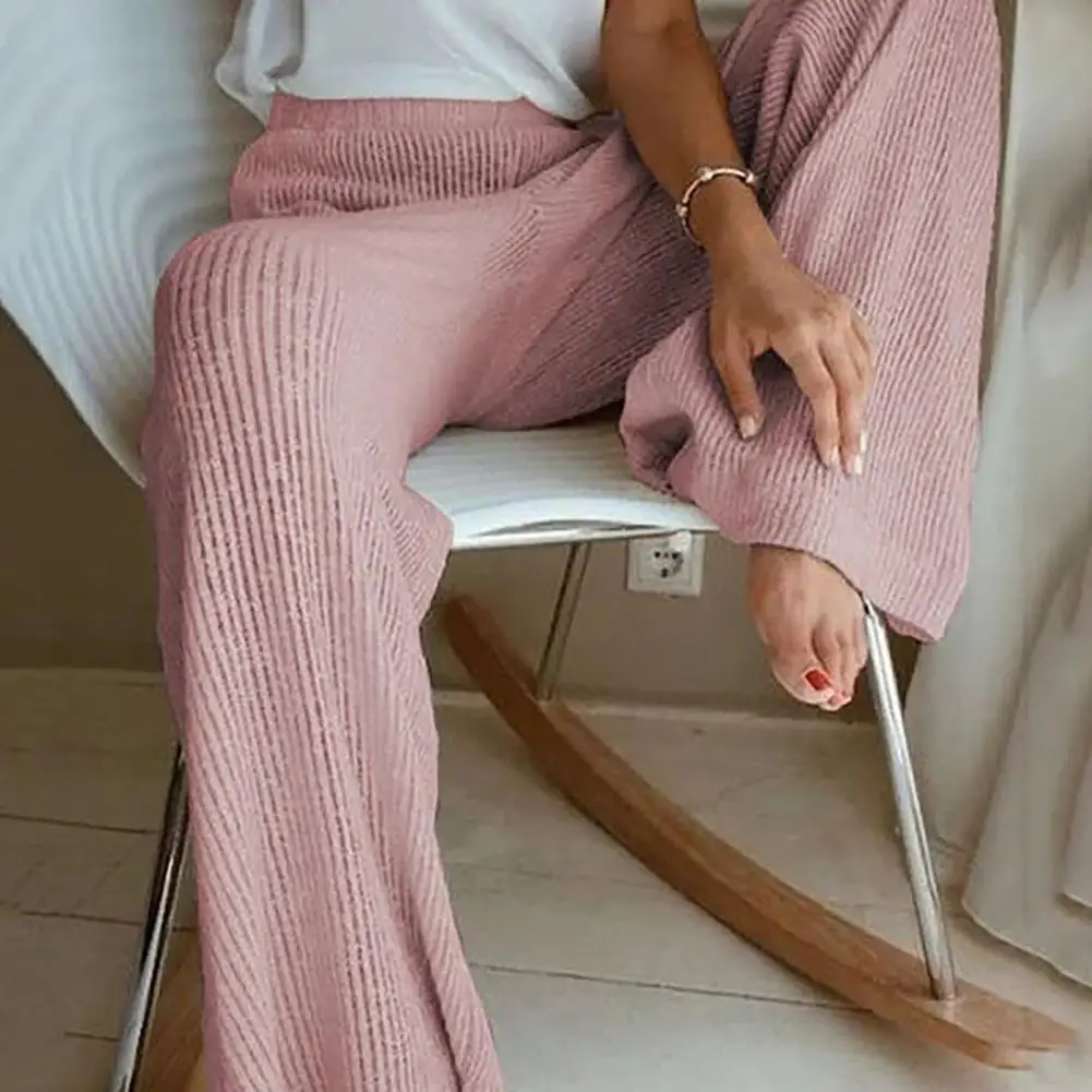Elegant Solid Ribbed Knitted Pants High 