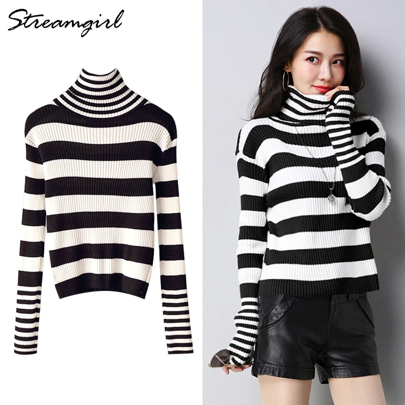 Women Turtleneck Sweater Stripe Autumn 
