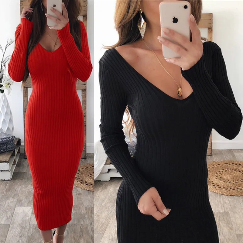 Women Sexy Knitted Sweater Dress Autumn 