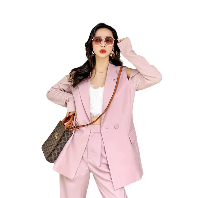AKSAYA 2021 Spring new age reduction fashion style off-the-shoulder elegant pink suit trousers two-piece haute couture