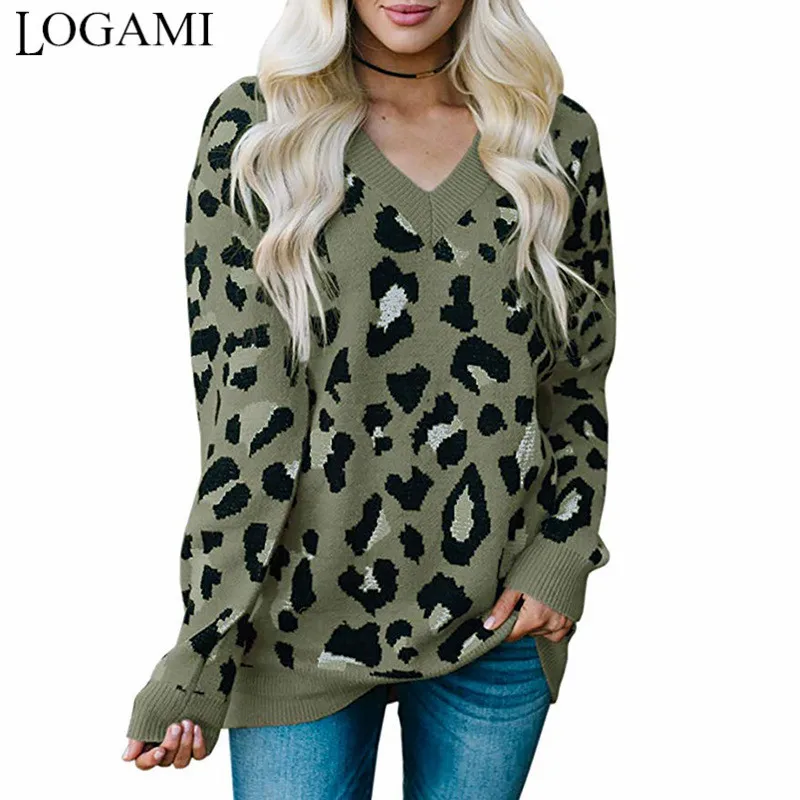 LOGAMI V Neck Leopard Women Knitted 