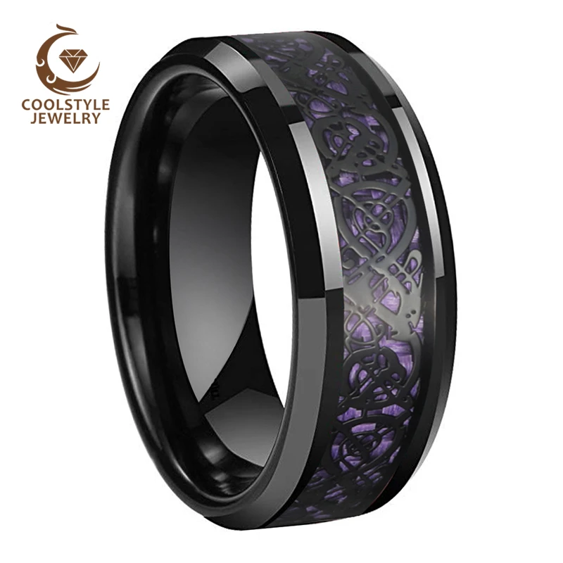 8MM Black Tungsten Wedding Band Ring Men Women Carbon Fiber Ring With Black Dragon Inlay Comfort Fit