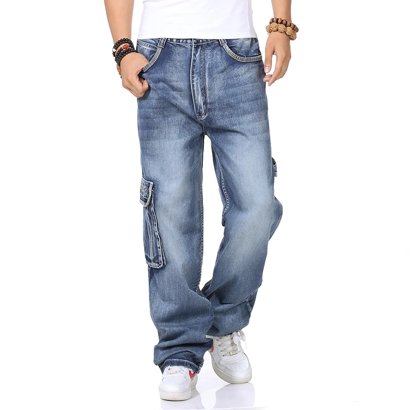 Acquistare Jeans uomo | Male Hip Hop Baggy Cargo Jeans Mens Straight Loose  Fit Jeans For Men Blue Denim Pants with Side Pocket Biker Wide Leg Jeans  Male
