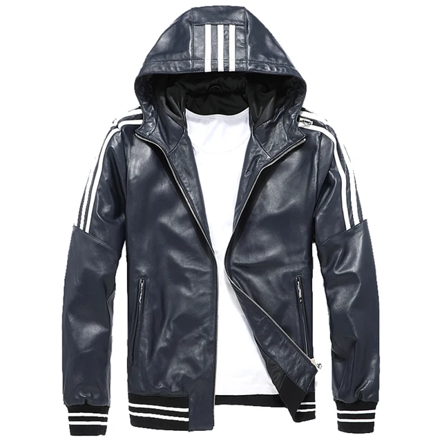 blue leather jacket with hood