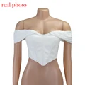 Cryptographic PU leather Sexy Bustier Corset Top Off Shoulder Chiffon White Strapless Female Top Cropped Tops Women Clothes preview-6