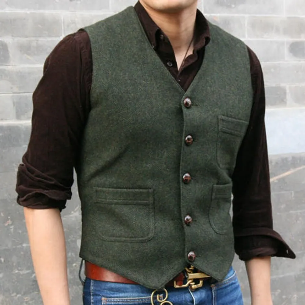 Wool Dark Green Groom vests Wedding 