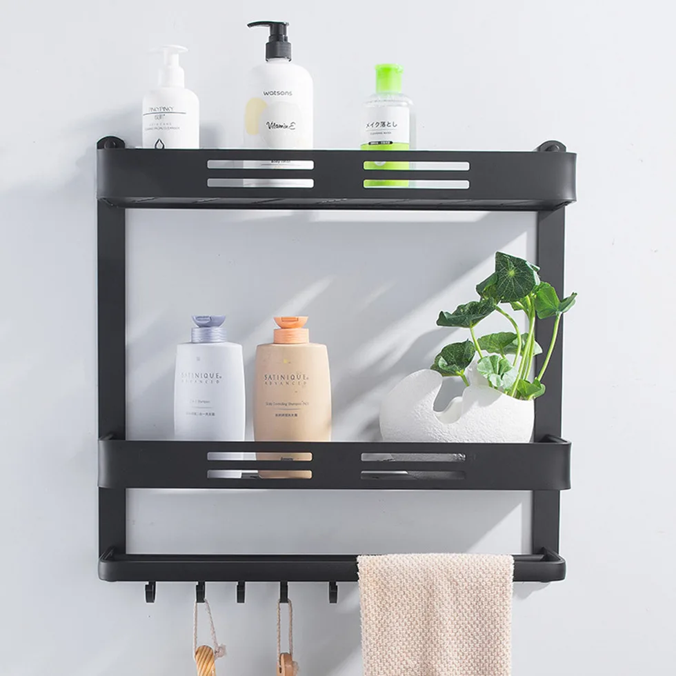 Bathroom Shelf Organizer Shower Storage Rack Black Corner Shelves Wall  Mounted Aluminum Toilet Shampoo Holder No Drill