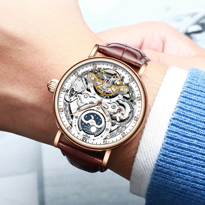 Acquistare Orologi da uomo | KINYUED Waterproof Mens Tourbillon Skeleton  Watches Top Brand Luxury Transparent Mechanical Moon phase Sport Male Wrist  Watches