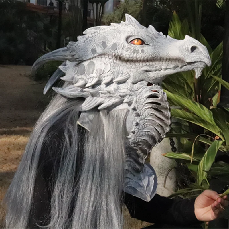 Furry Dragon Mask Halloween Costume Real Latex Mascara Novelty Special Use Cosplay Dino Animal Fursuit Head Hood Rave Disguise-animated-img