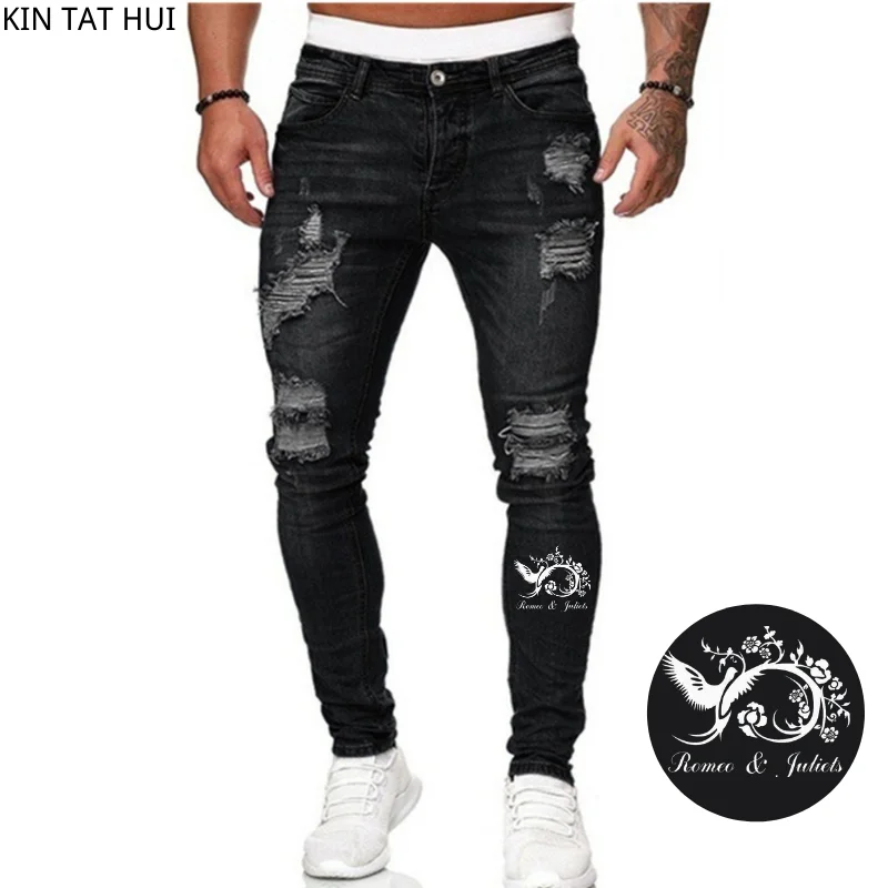 Jeans Men Ripped Skinny Jeans Blue 