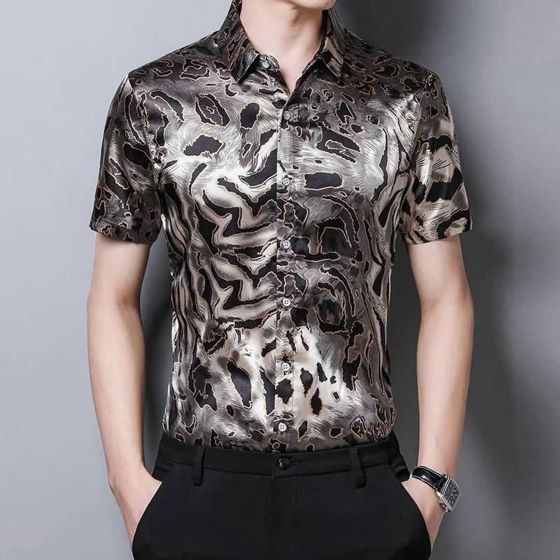 Leopard Print Mens Satin Silk Shirts 