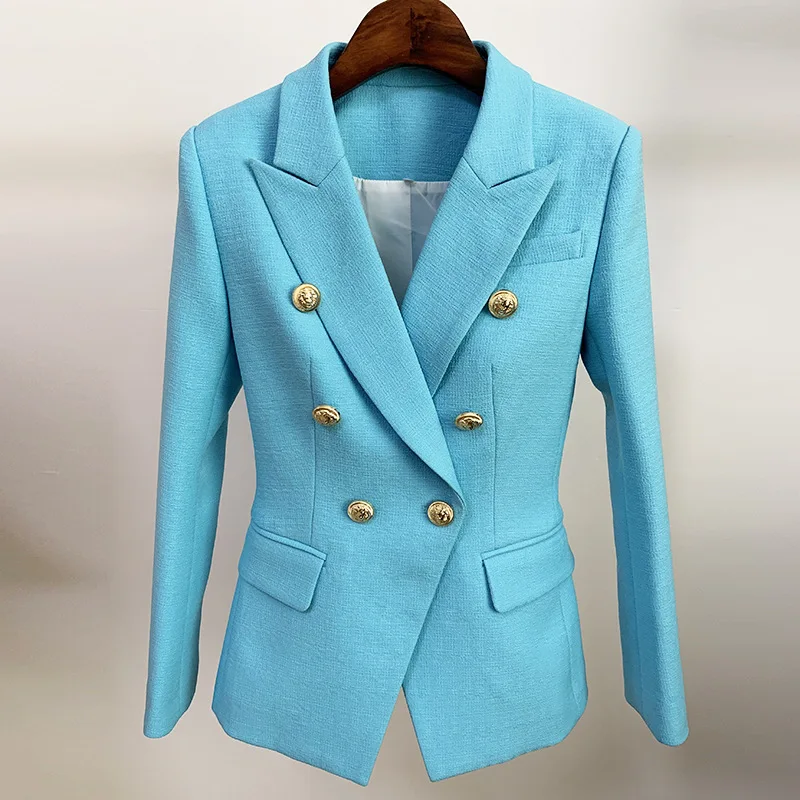 black women's blazer with gold buttons