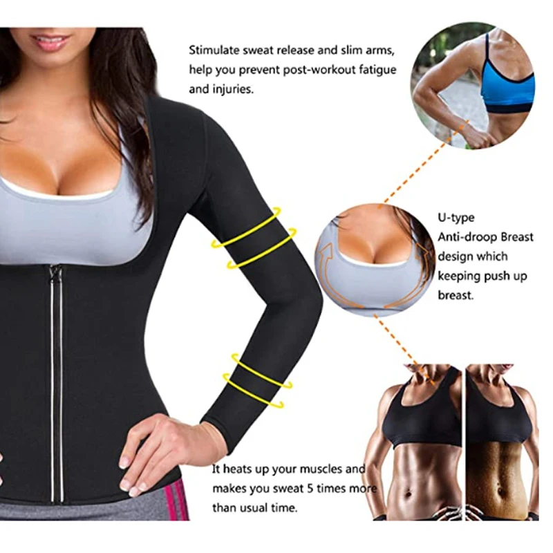 TOPELLER Sauna Suit for Women Sweat Body Shaper Jacket Hot Waist Trainer Long Sleeve Zipper Shirt Workout Top 