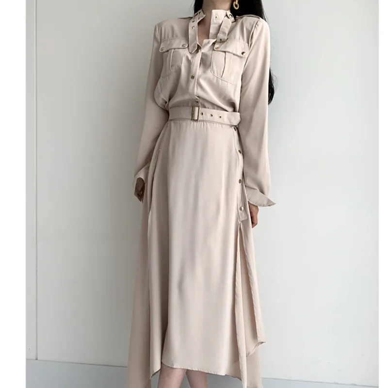 Vintage Cargo Dress Woman With Belt High Waist Single-breasted Vestidos Woman Clothing Korean Chic OL Black Maxi Dresses Female