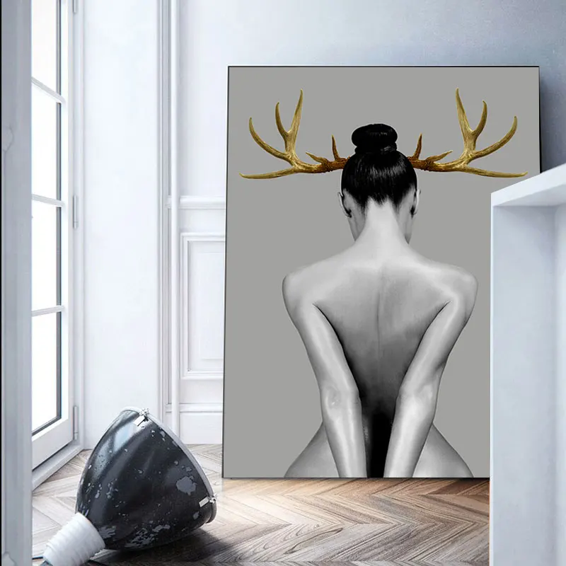 Sex Girl Canvas Painting Figure Women Antler Fashion Black Wall Art Home Decor