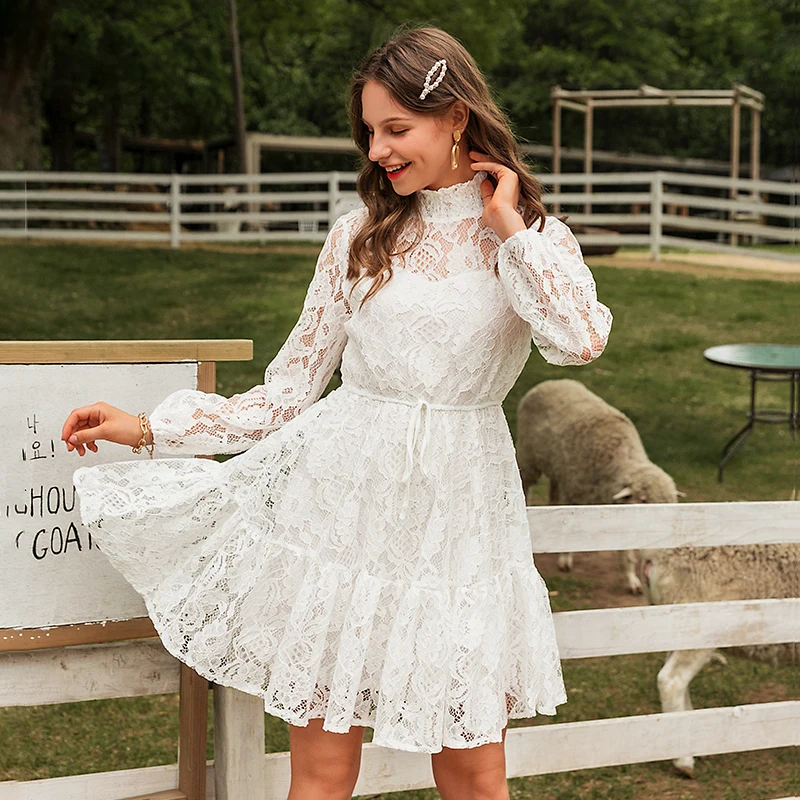 Simplee Women solid white lace dress 