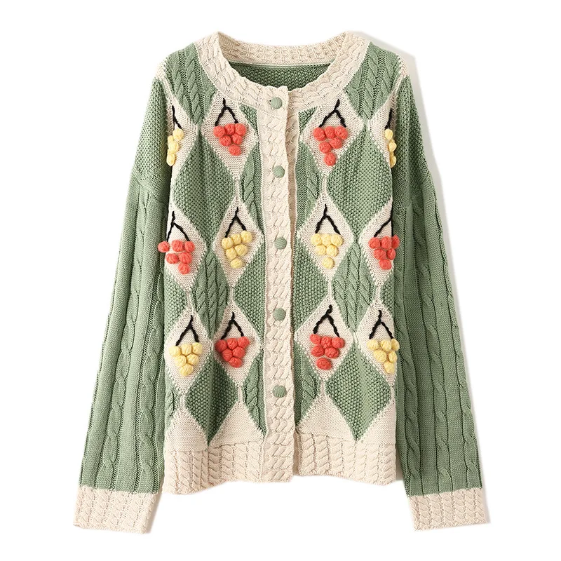 Green Pom Pom Sweater Cardigan Women 