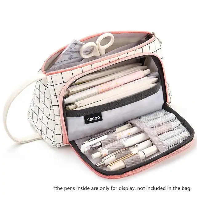 Angoo [Special] Grid Pen Pencil Case, Multi Slot Plaid Storage Bag, Big  Pouch Organizer for Stationery Cosmetic Student A6443
