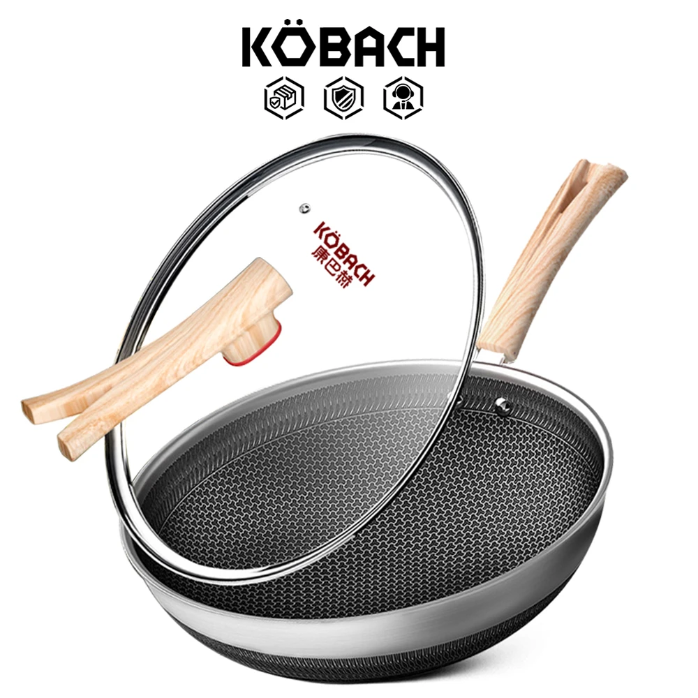 KOBACH kitchen wok 32cm honeycomb nonstick pan 316L stainless steel wok nordic wood grain stainless steel frying pan with lid