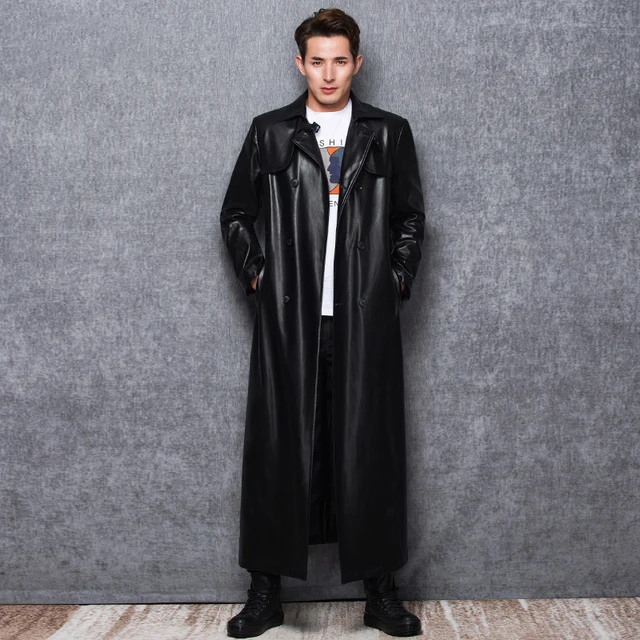 mens black leather trench coat full length