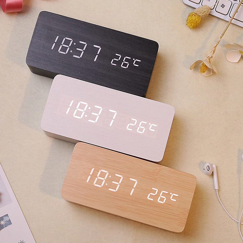 USB/AAA  Clocks LED Wooden Alarm Clock Watch Table Voice Control Digital Wood Despertador Electronic Desktop Table Decor-animated-img