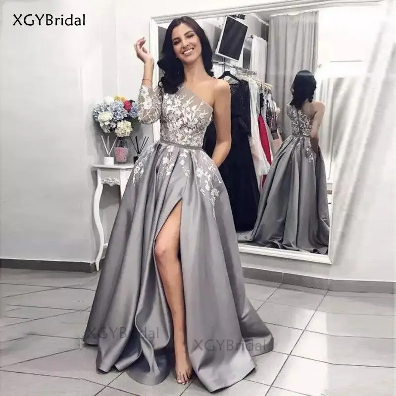 2022 Silver Grey Slit Prom Dresses 