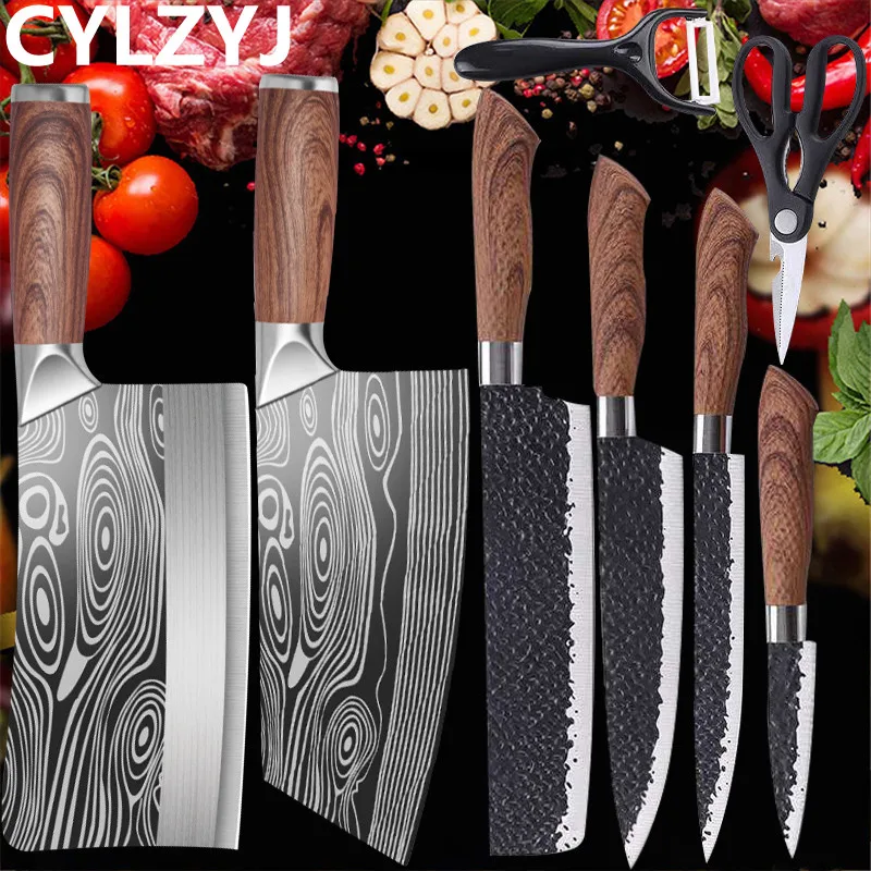 6Pcs/Set Kitchen Knives Set Stainless Steel Forged Kitchen Chef Knife Set  Scissors Peeler Slicer Nakiri Paring Knife Gift Case