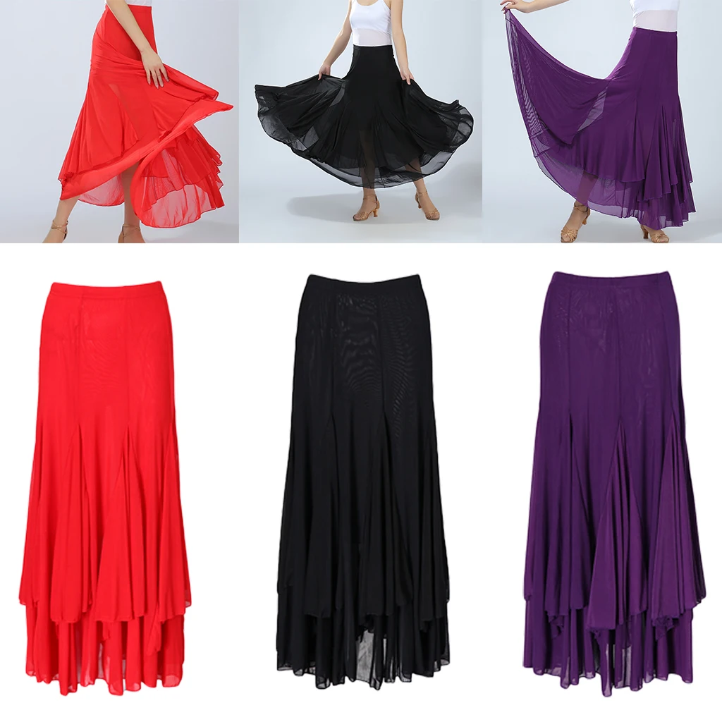 Lady Ballroom Dance Skirt Waltz Flamenco Costume Modern Dancing Skirts Elastic Waistband Big Swing Solid Color Long Dresses-animated-img