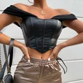 Cryptographic PU leather Sexy Bustier Corset Top Off Shoulder Chiffon White Strapless Female Top Cropped Tops Women Clothes preview-3